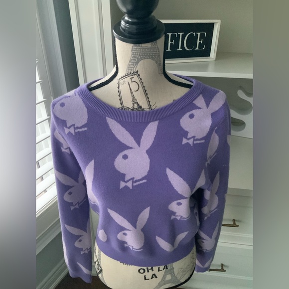 PLAYBOY Purple Knit Graphic Sweater Women’s Size Small - Picture 10 of 12